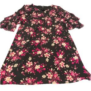 Roz & Ali Womens Black Floral Shift Dress 3/4 Bell Split Sleeves Size XL